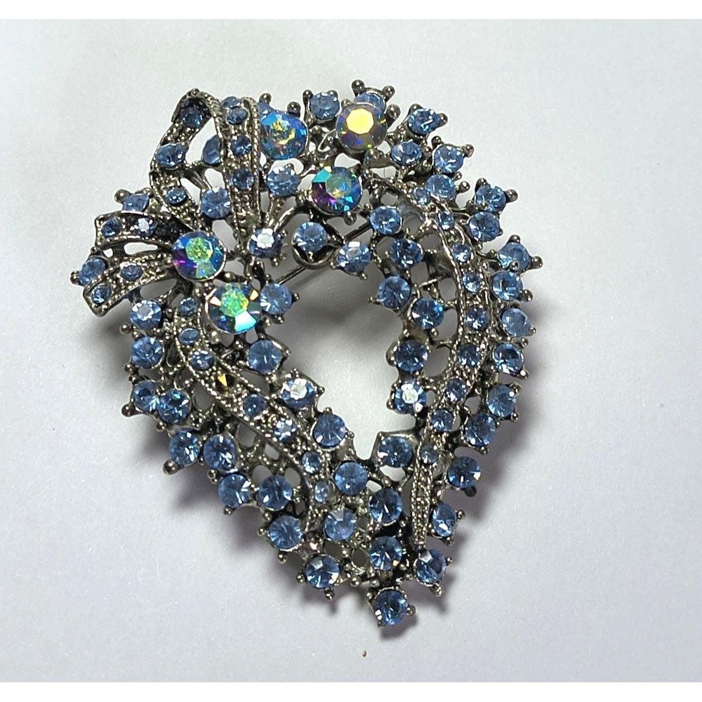 Vintage Blue Rhinestone Brooch Silver Tone